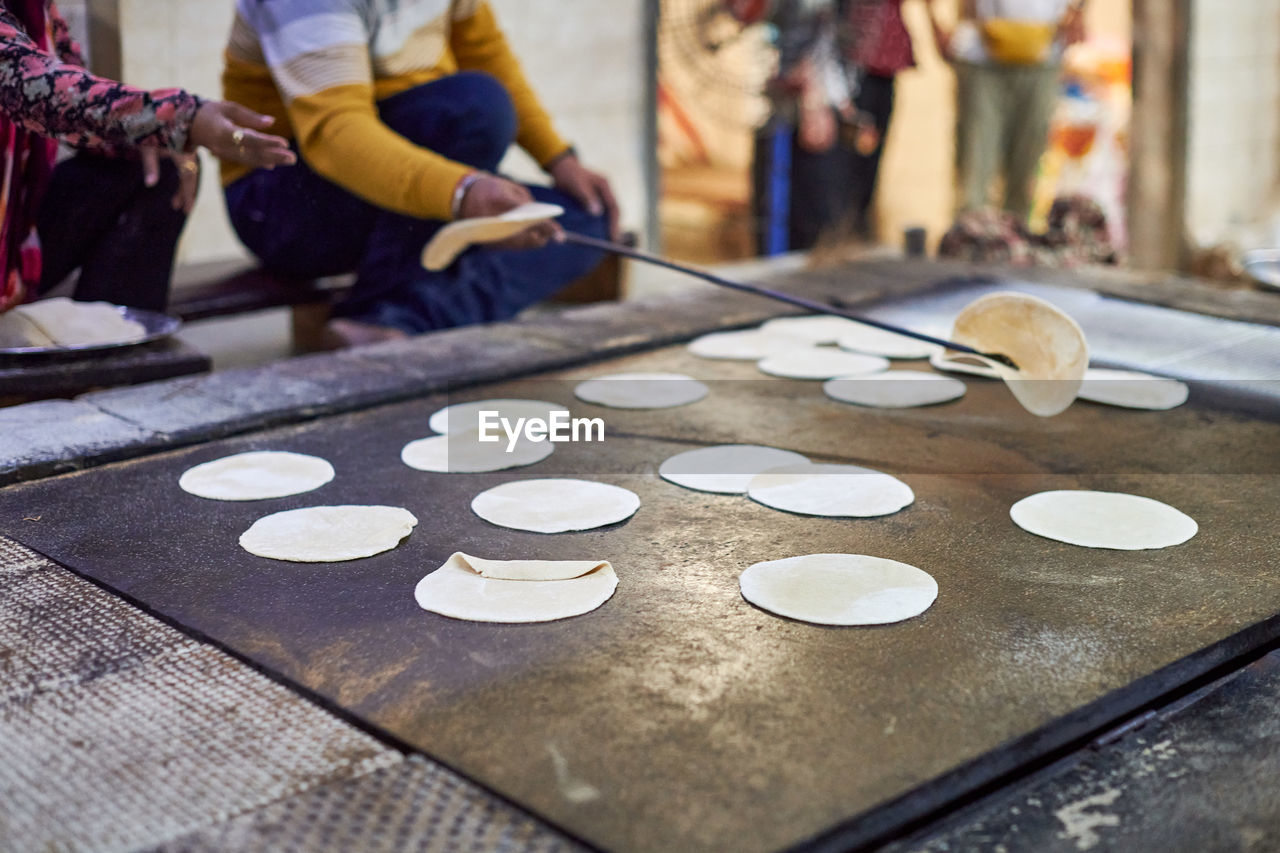 high angle view of food on wooden table