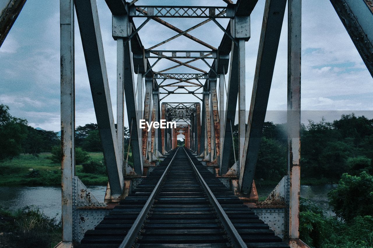 Railway bridge against sky during sunset