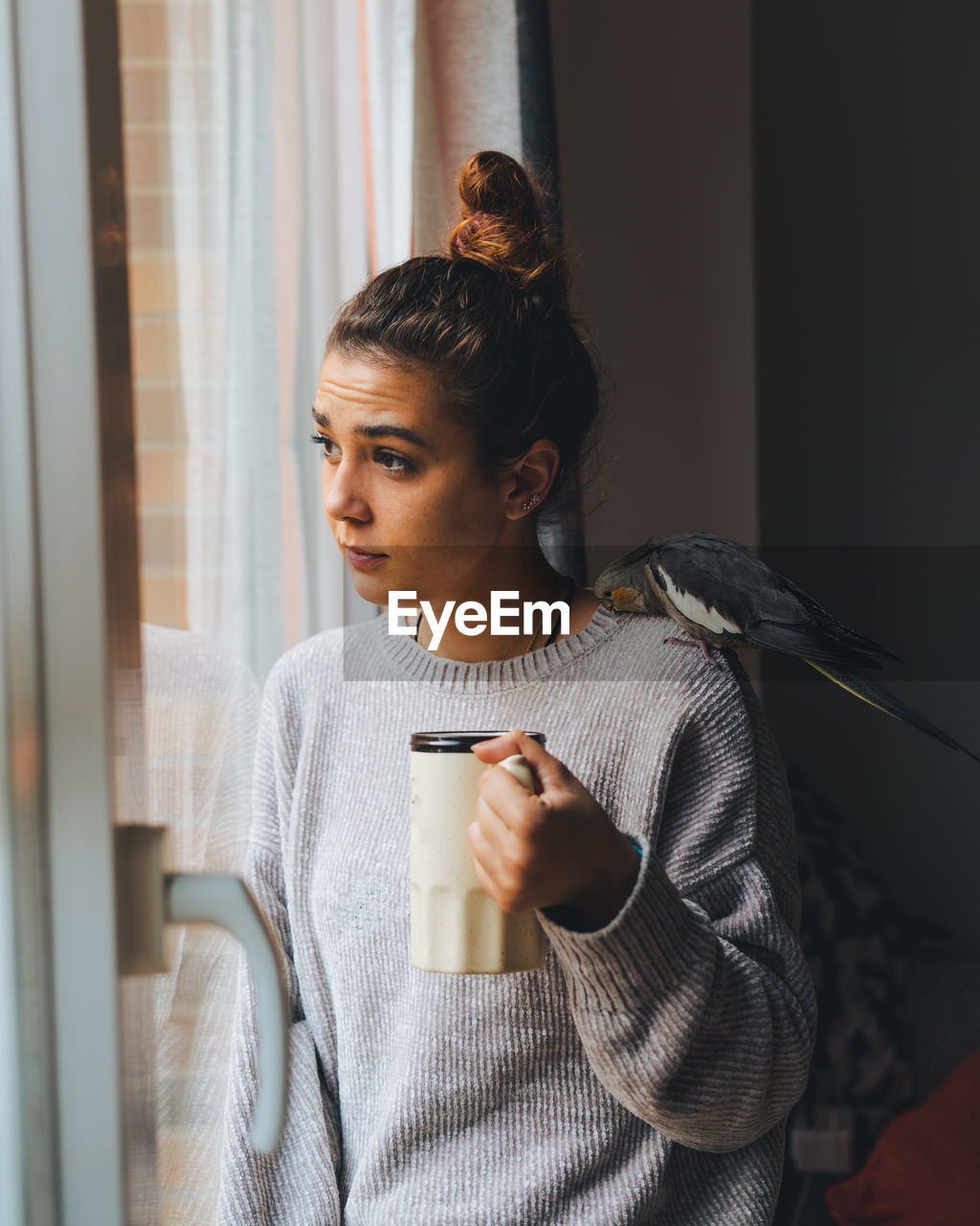 Cute cockatiel bird sitting on shoulder of young thoughtful female owner in warm sweater standing near window and drinking mug of hot beverage at home