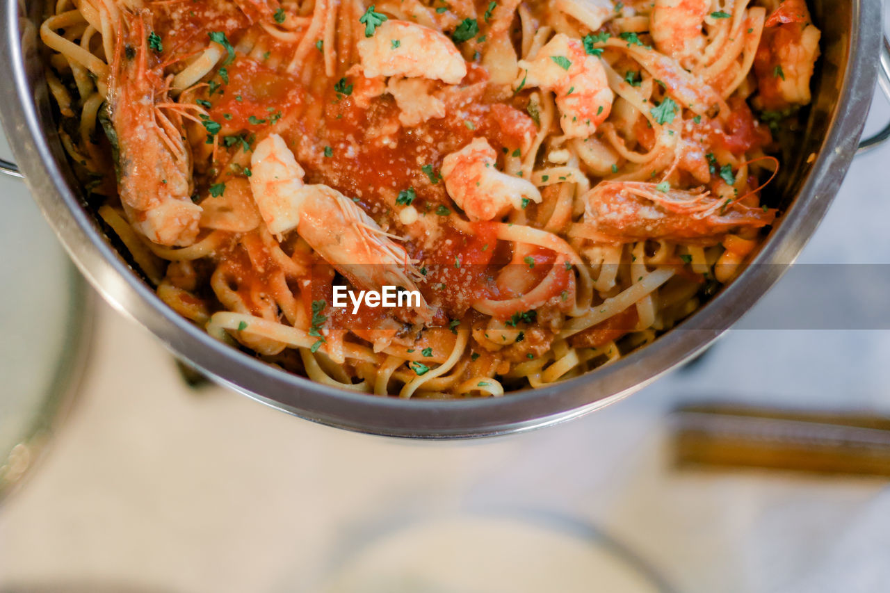 High angle view of prawns in bowl on table