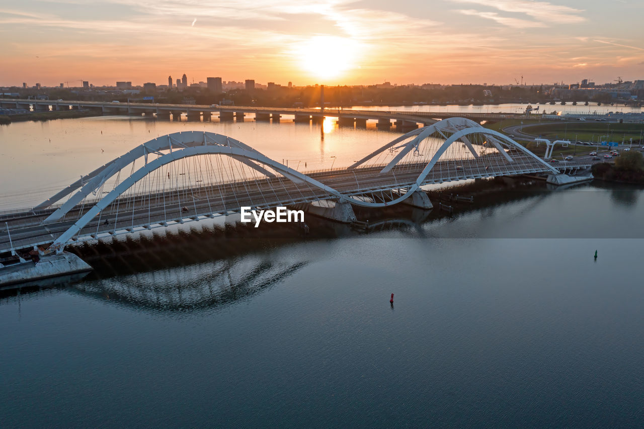 Aerial from the enneus heerma bridge in amsterdam the netherlands at twilight