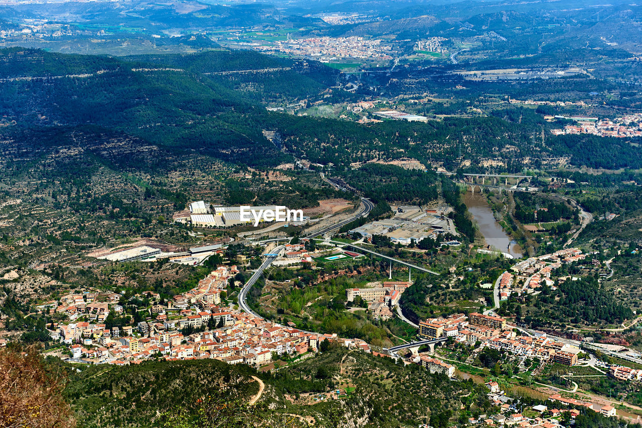 Aerial view of town and montserrat mountains