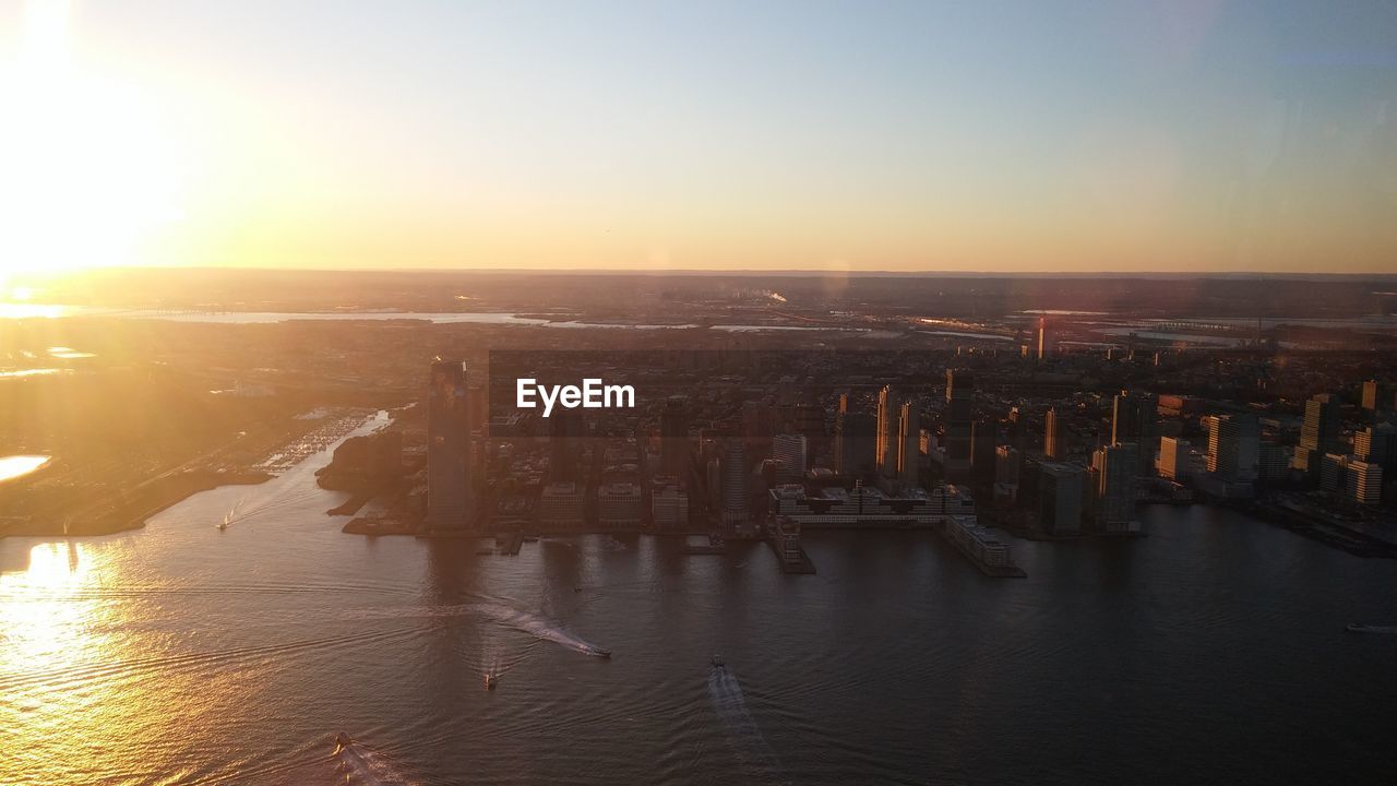 High angle shot of cityscape and sea