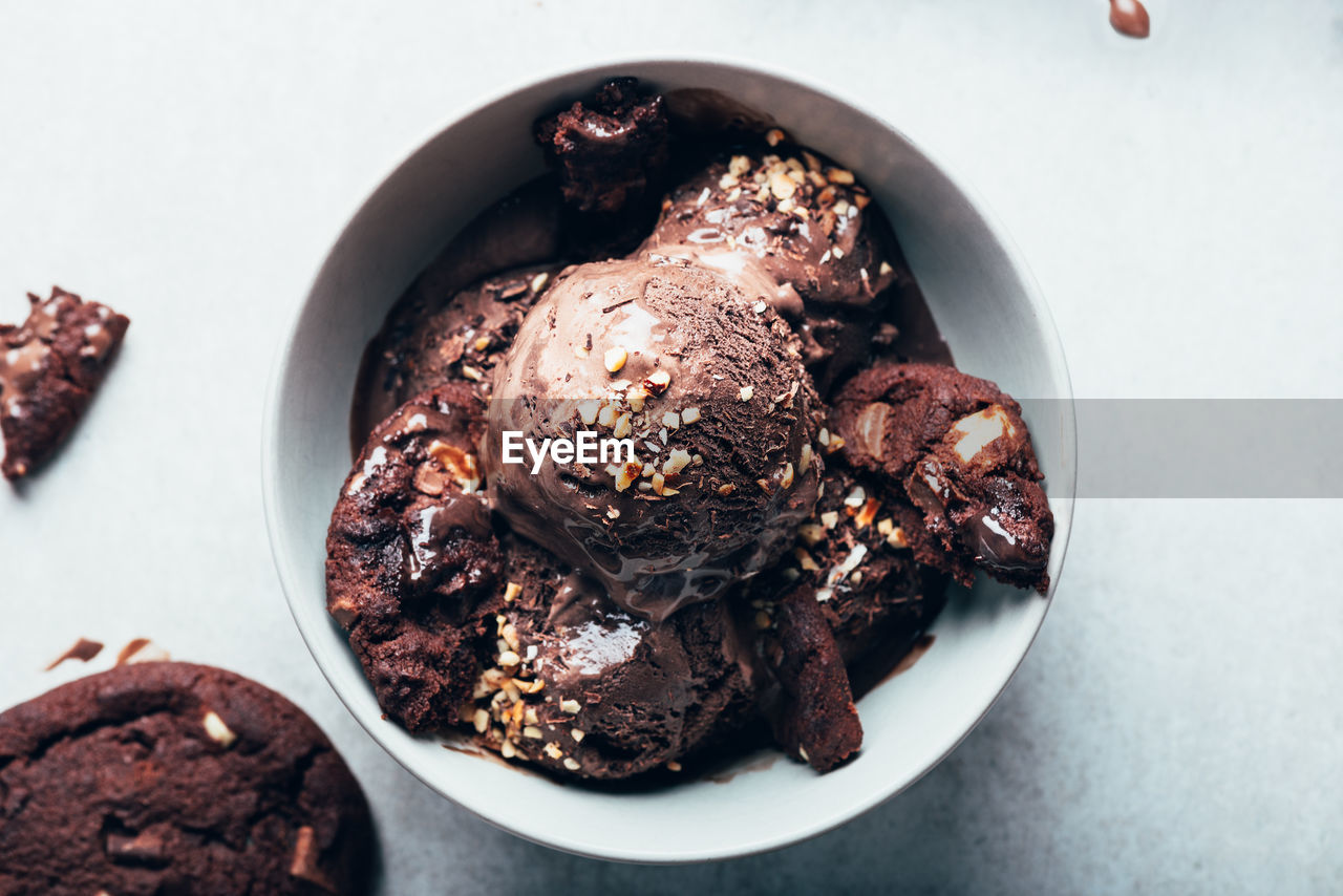 Rich and indulgent chocolate ice cream scoops with dark chocolate pieces on a plate