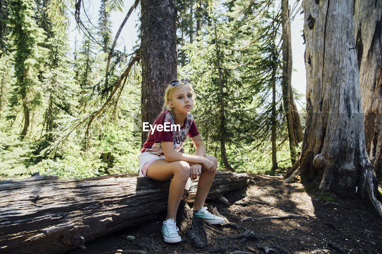 Portrait of girl sitting on log in forest