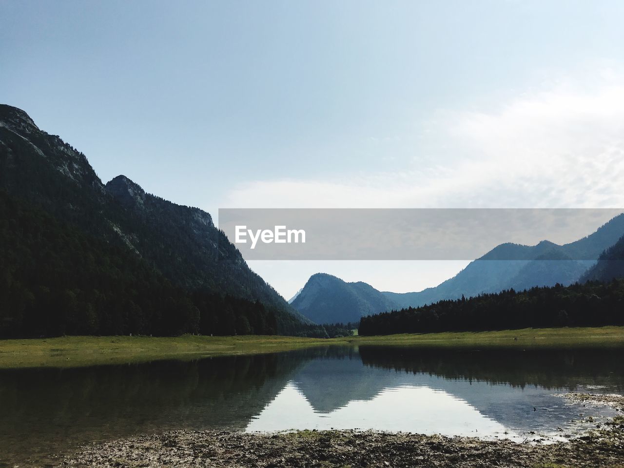 Scenic view of lake and mountains against sky