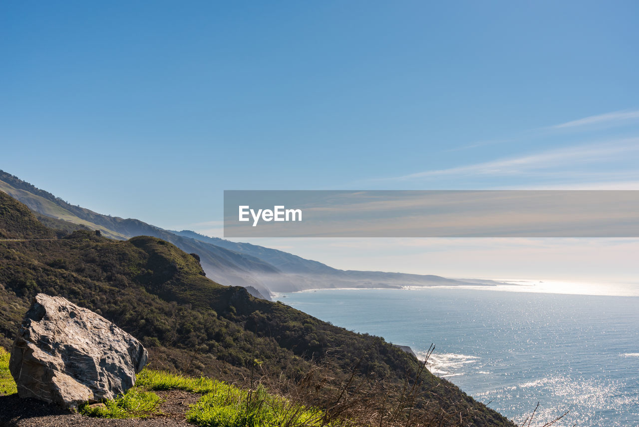 Scenic view of sea and mountains against sky