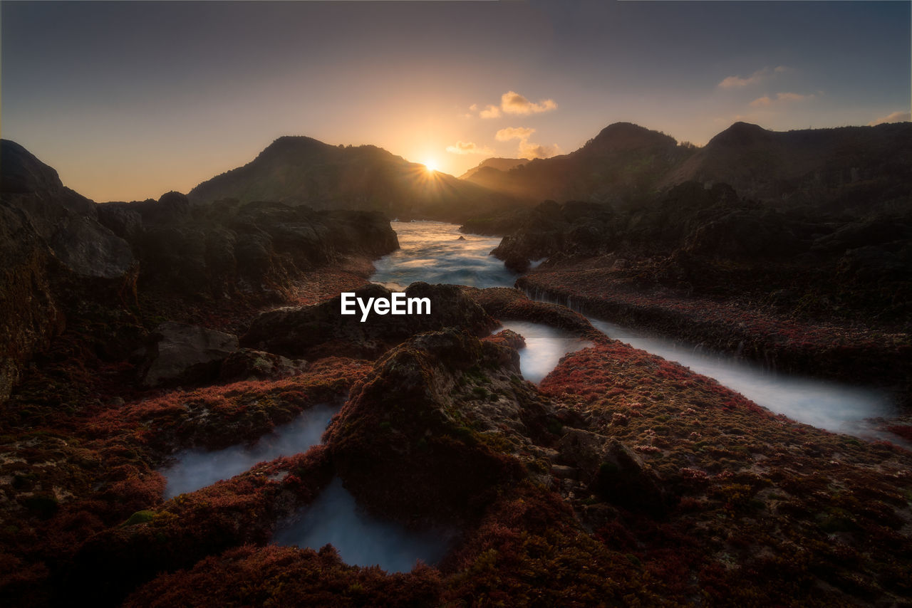 Scenic view of waterfall against sky during sunset