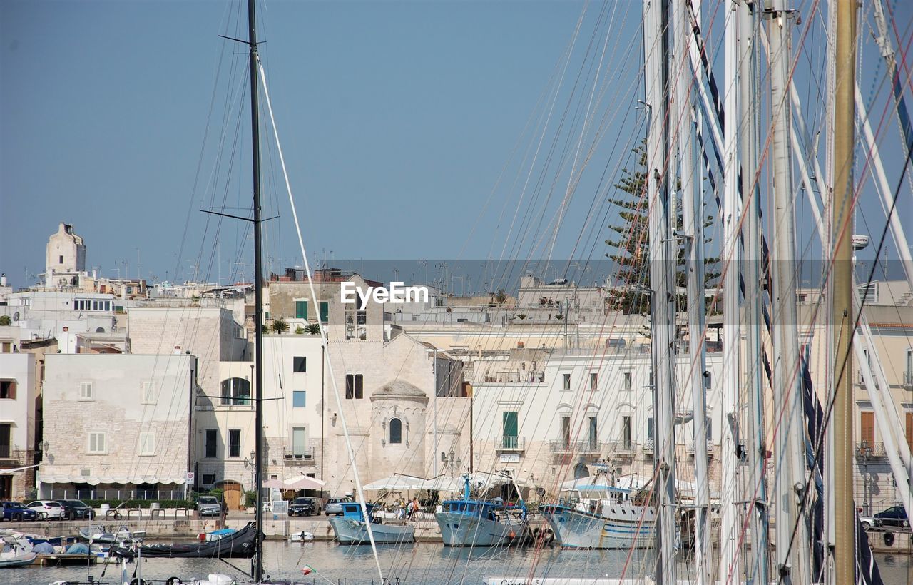 Sailboats moored in harbor against clear sky