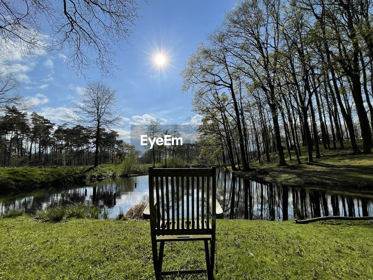 plant, tree, nature, sky, grass, beauty in nature, tranquility, sunlight, landscape, tranquil scene, scenics - nature, reflection, no people, seat, lake, water, green, autumn, woodland, bench, wood, non-urban scene, morning, meadow, land, sun, leaf, day, outdoors, environment, park, growth, natural environment, idyllic, field, wilderness, rural area, cloud, park - man made space, furniture, forest