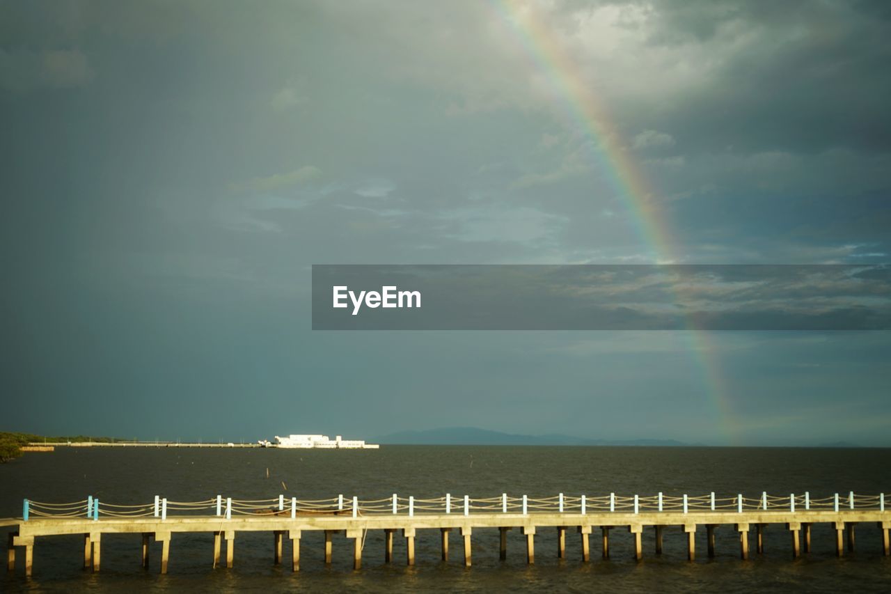 Scenic view of sea against rainbow in sky