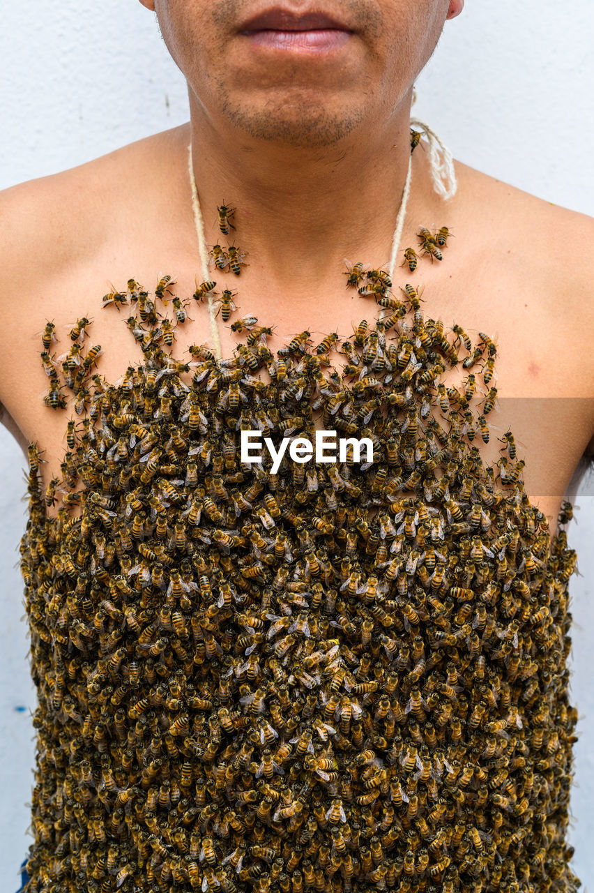 Man's body covered by bees