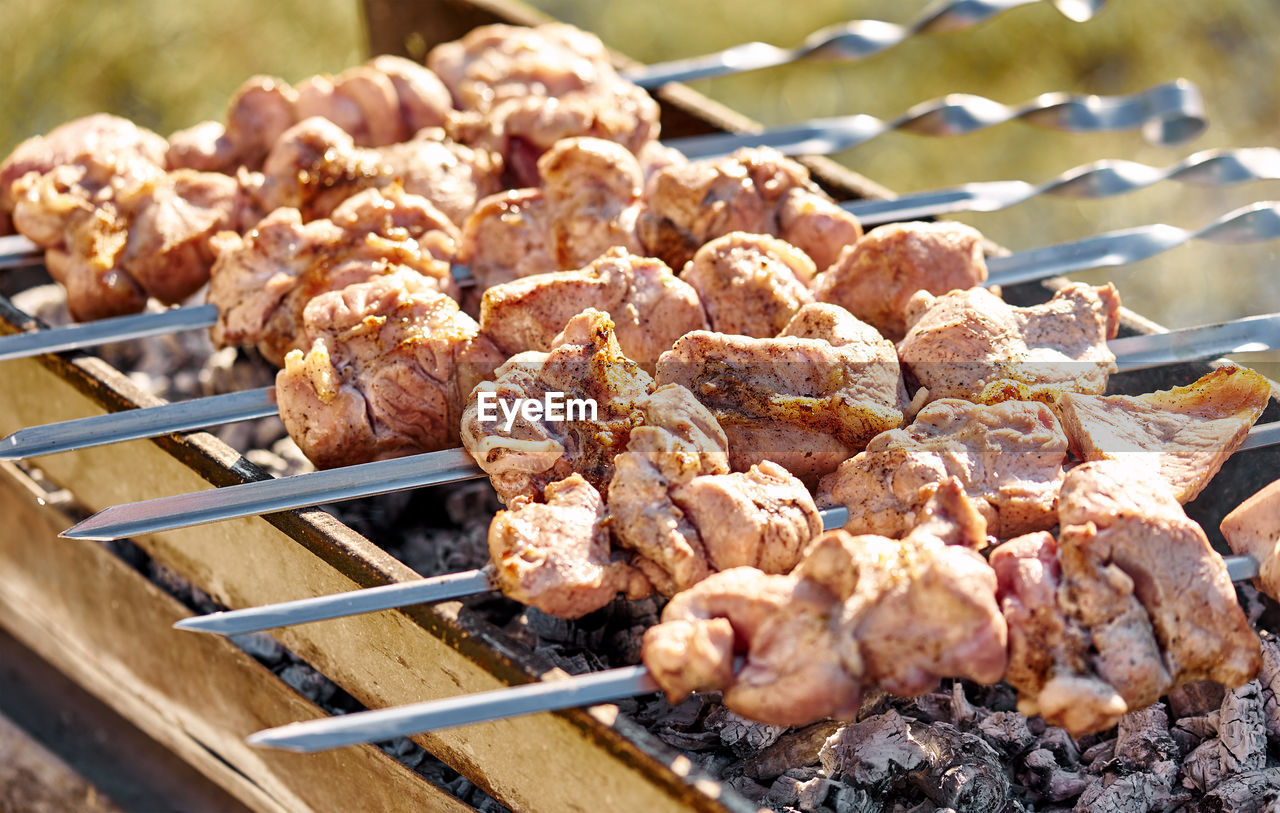 Close-up of meat on barbecue grill