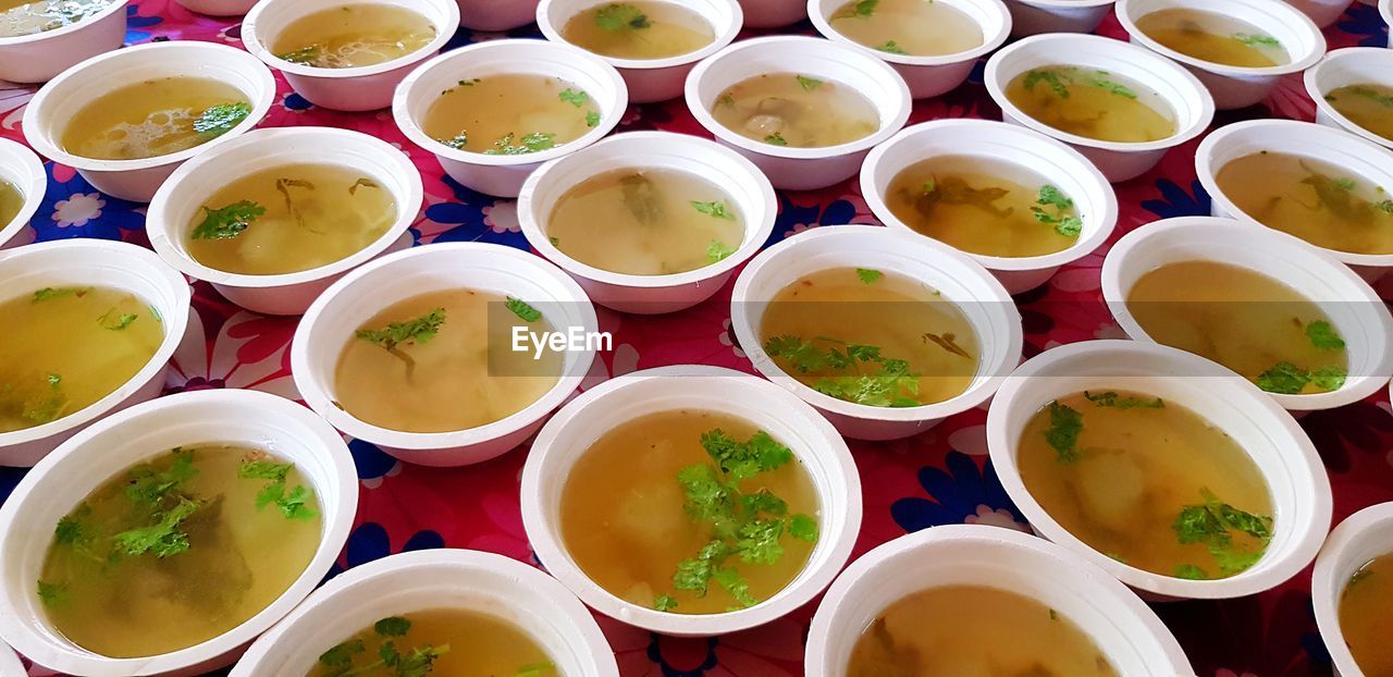 High angle view of candies in soup bowl