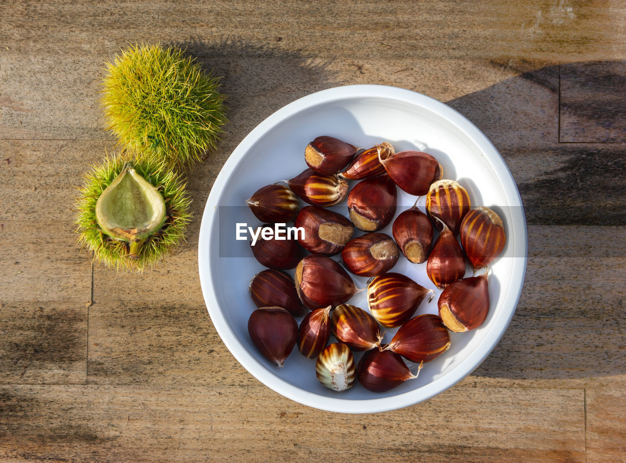 High angle view of fruits in bowl on table