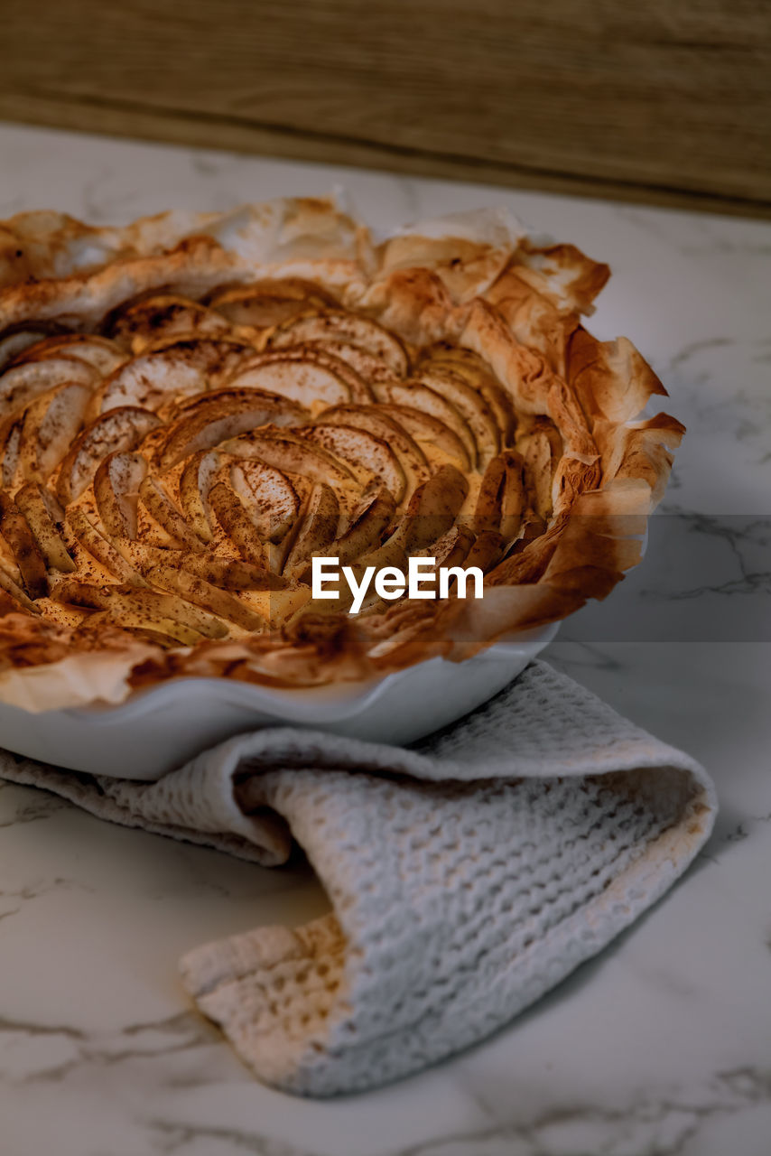 Close-up of an apple pie on a table