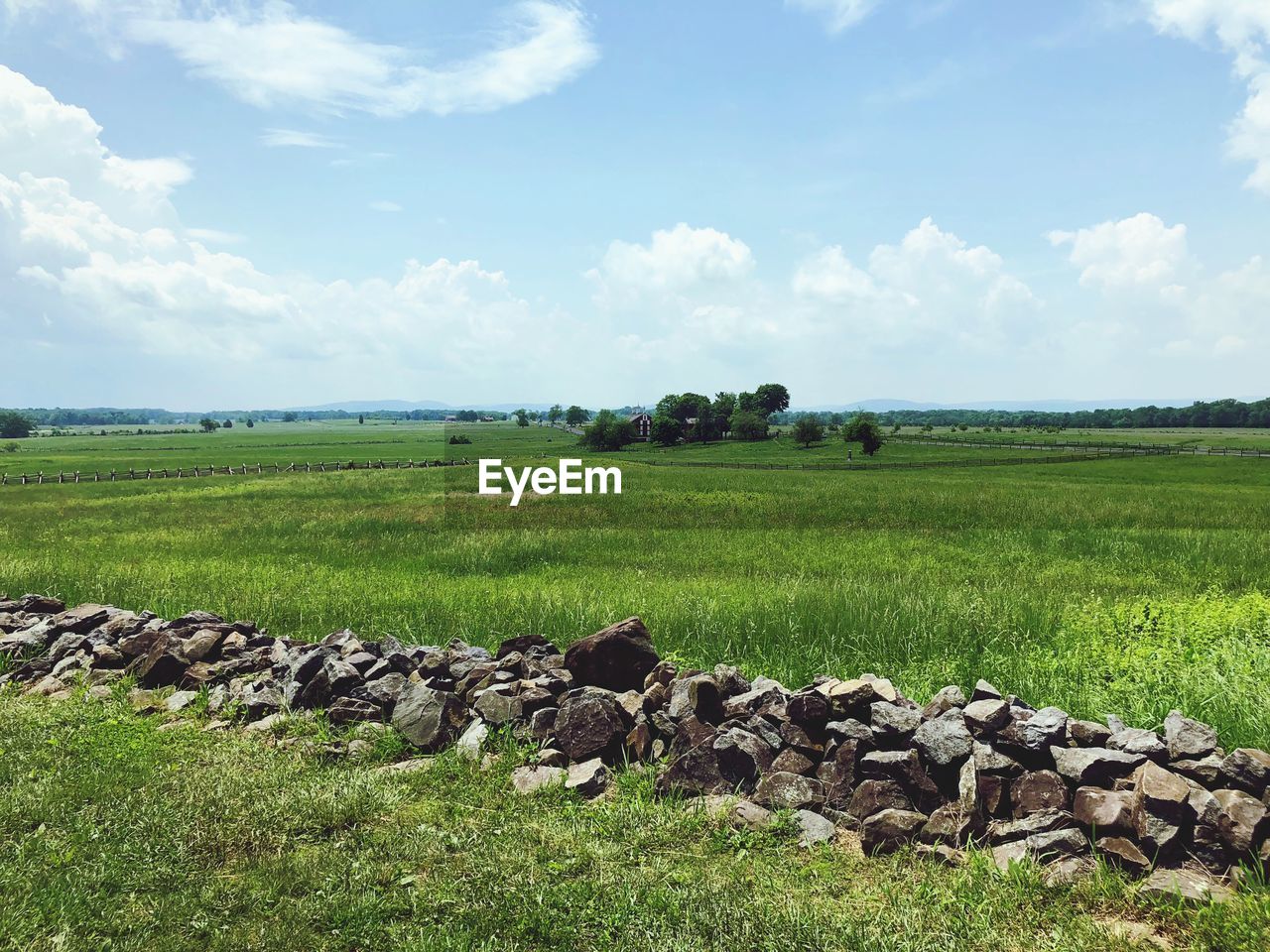 Rocks on field against sky