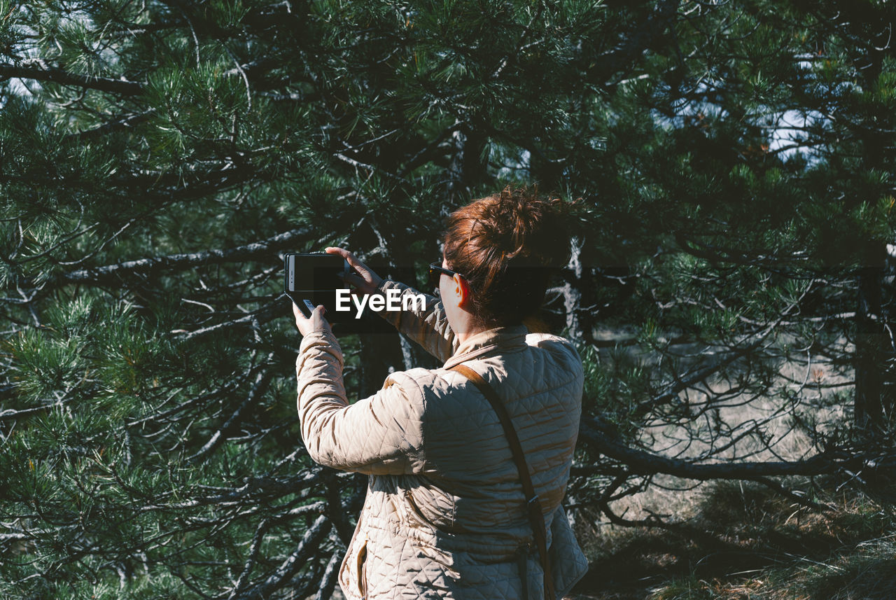 Rear view of woman photographing with smart phone by tree