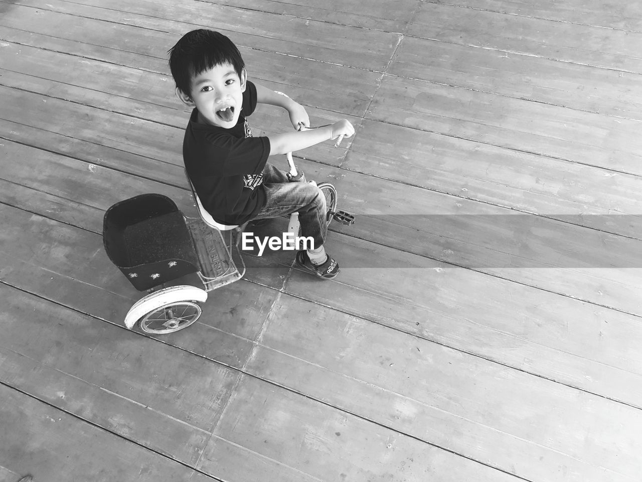 High angle portrait of boy cycling tricycle on hardwood floor