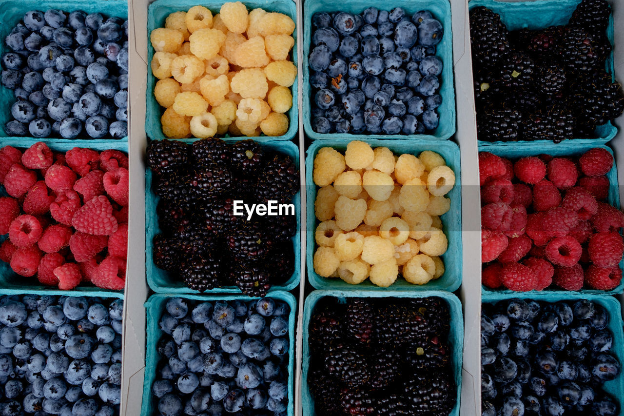 High angle view of various berry fruits for sale in market
