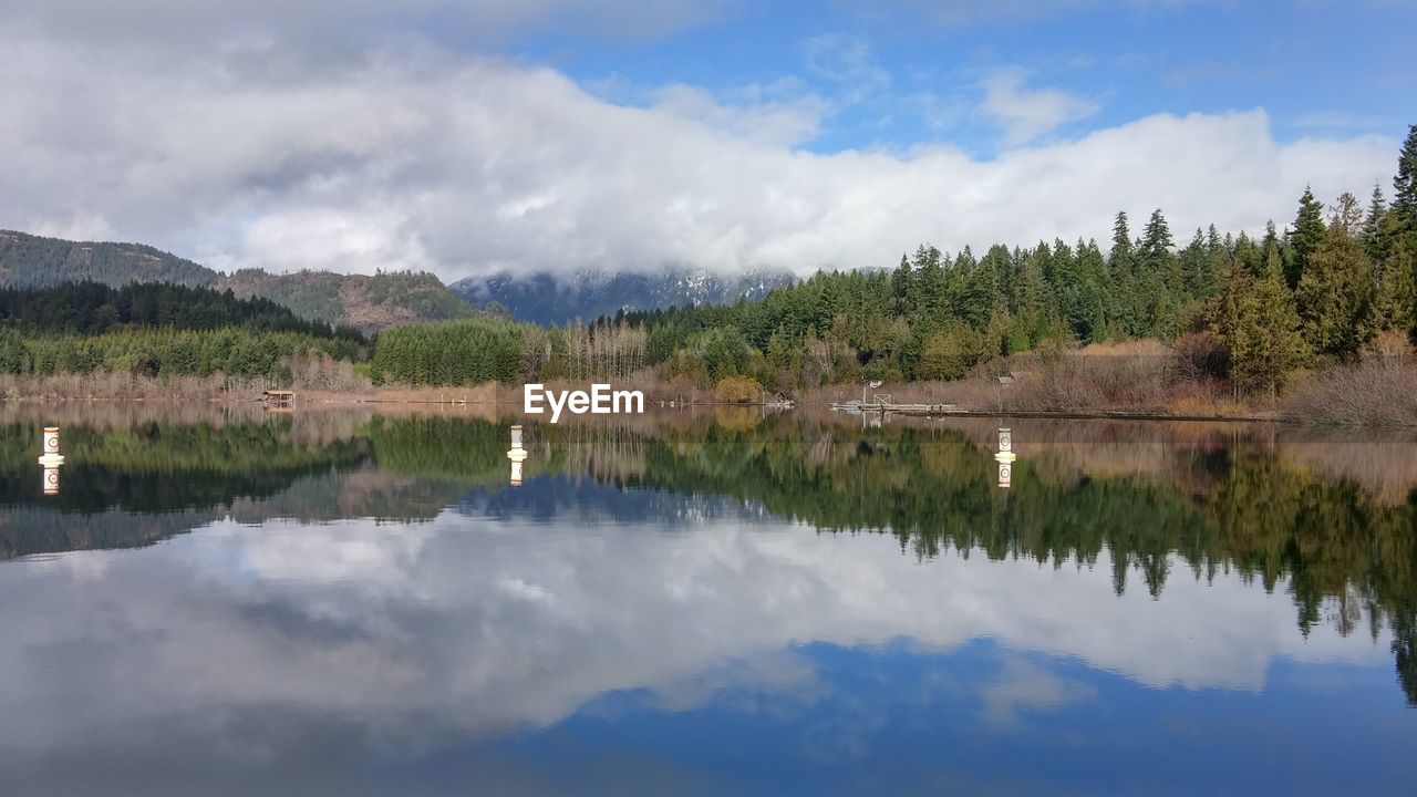 Scenic view of lake and mountains against sky