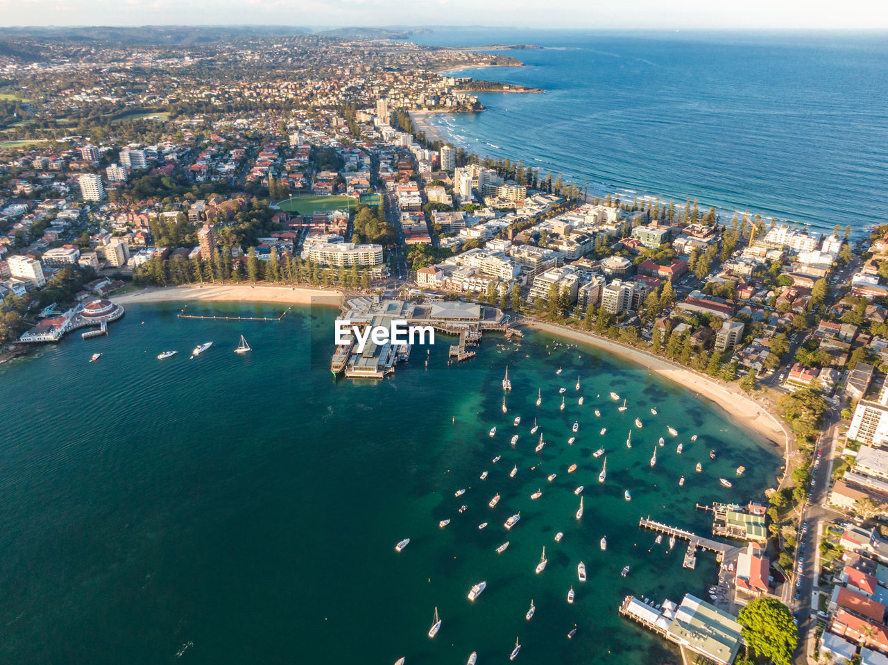 Drone view of manly, sydney, new south wales, australia. manly harbour, manly beach in background.