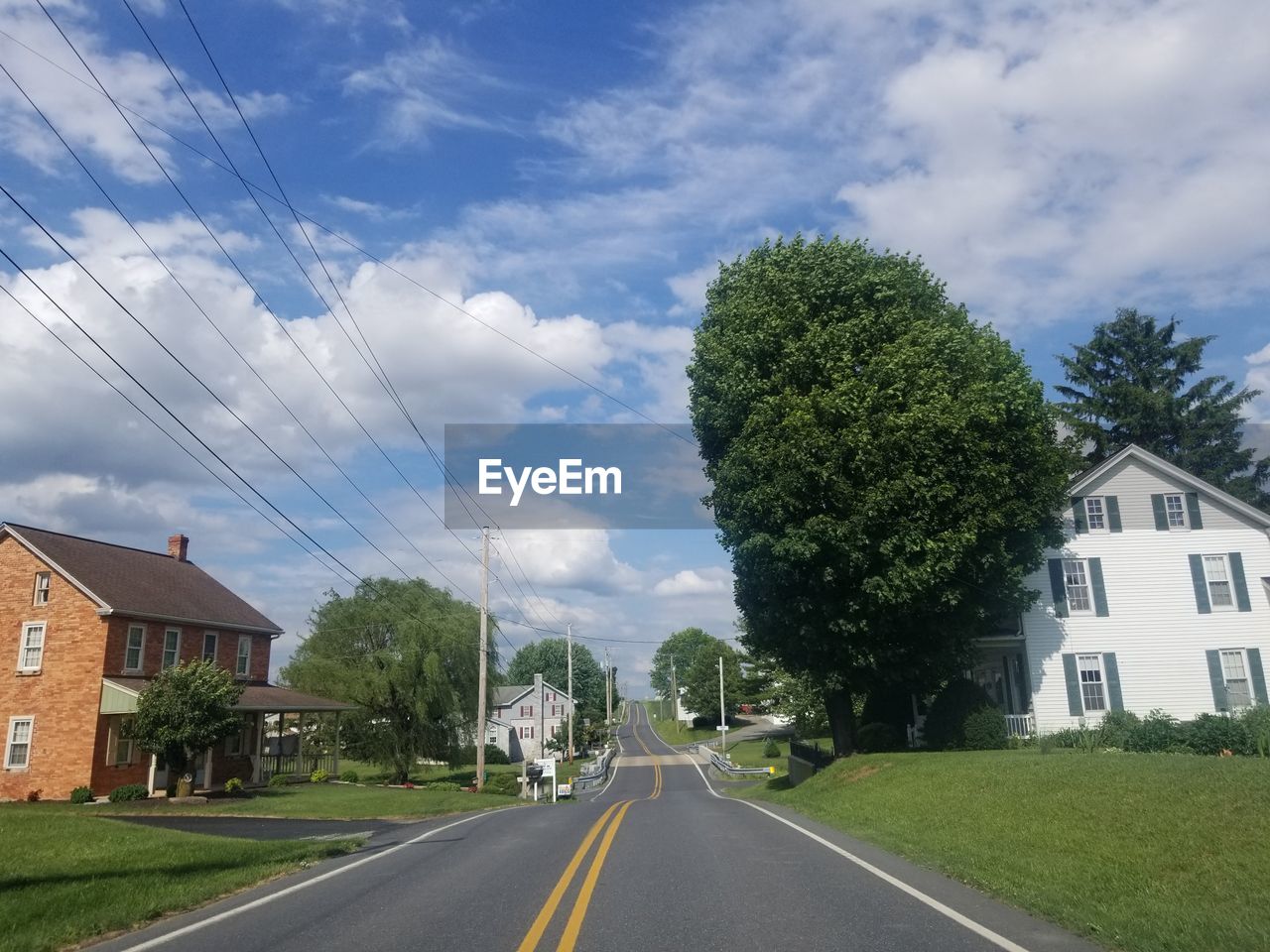 Road amidst trees and buildings against sky