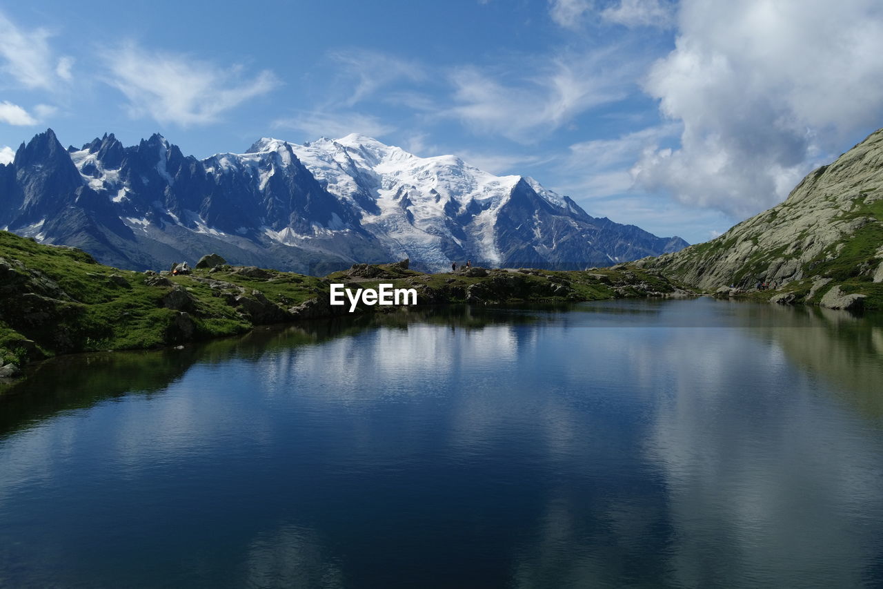 Scenic view of lake and mountains against sky