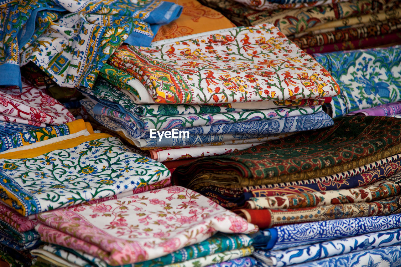 Full frame shot of multi colored fabrics at market stall