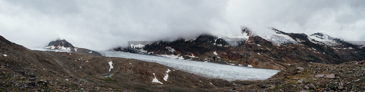 SNOW COVERED MOUNTAINS AGAINST CLOUDY SKY