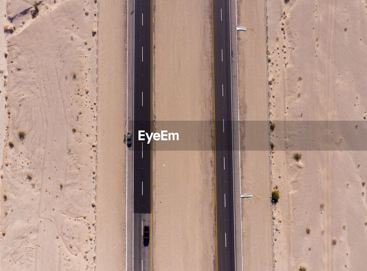 Aerial view of road at desert
