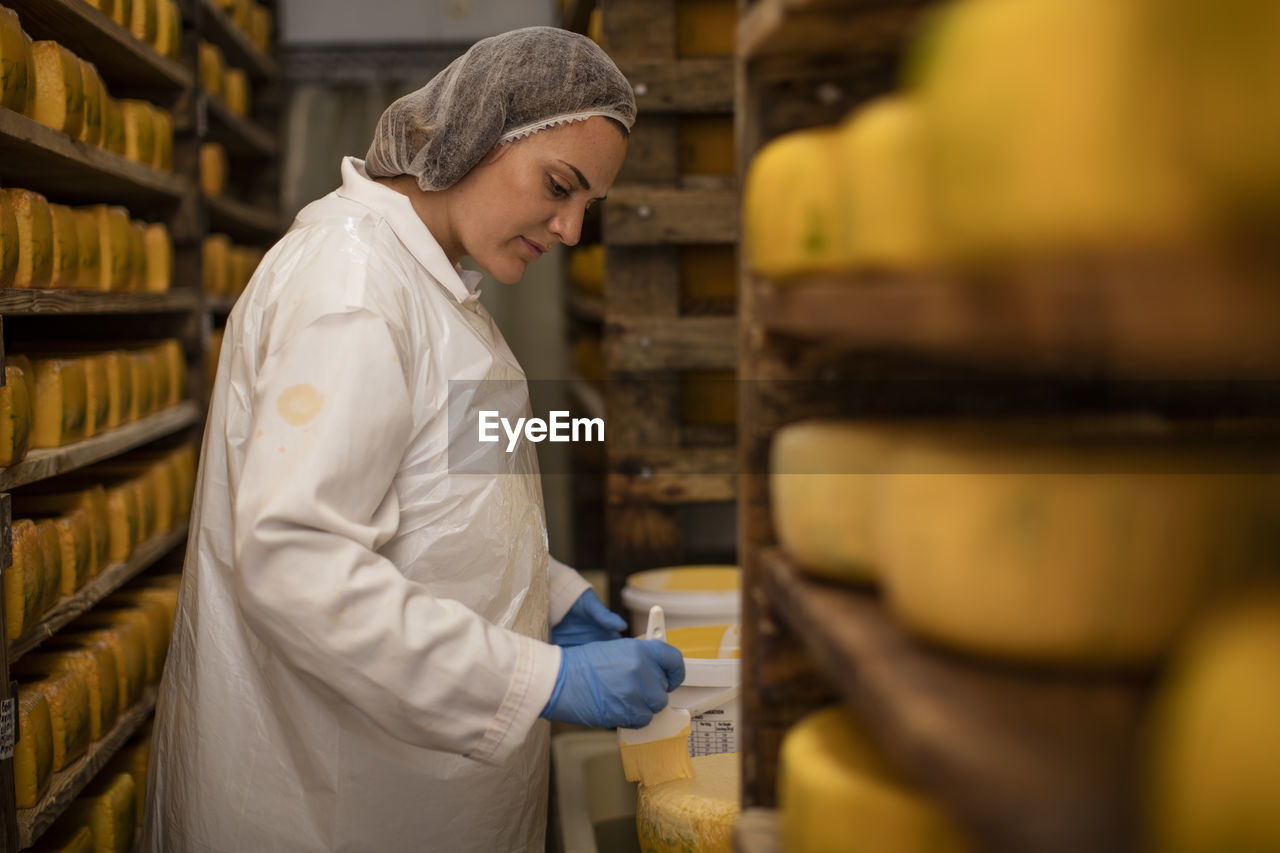 Cheese factory worker controlling maturation of cheese