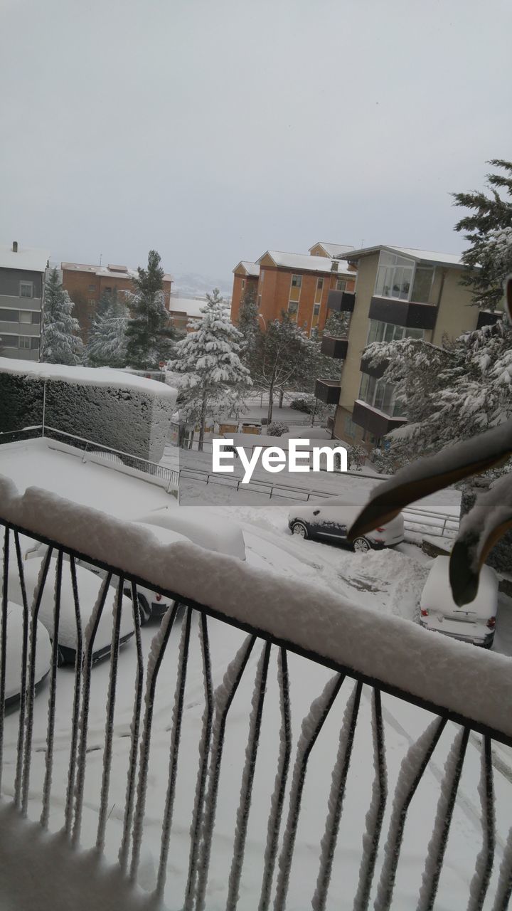 PERSON ON RAILING AGAINST SNOW COVERED FIELD