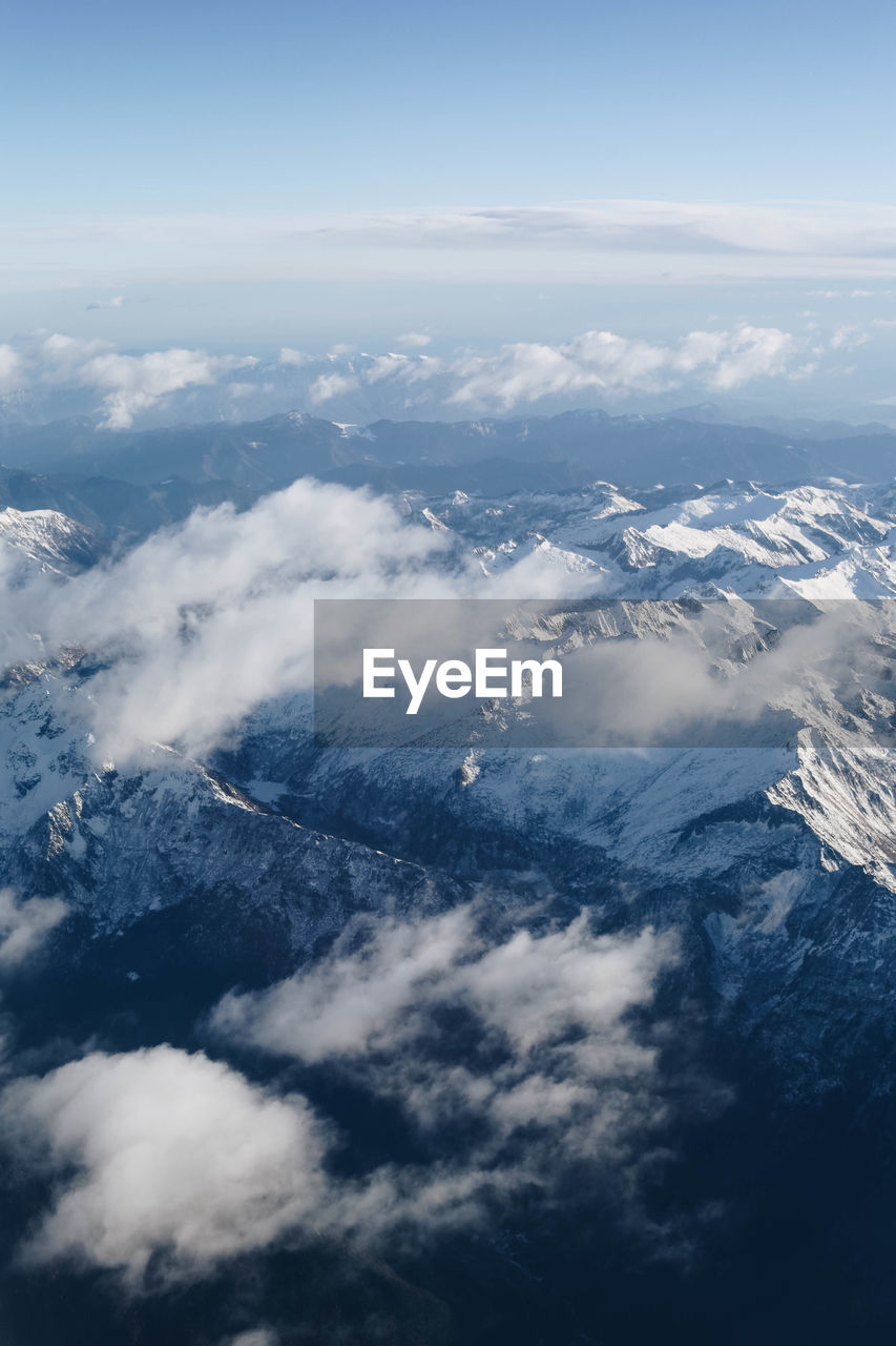 Aerial view of snowcapped mountains against sky