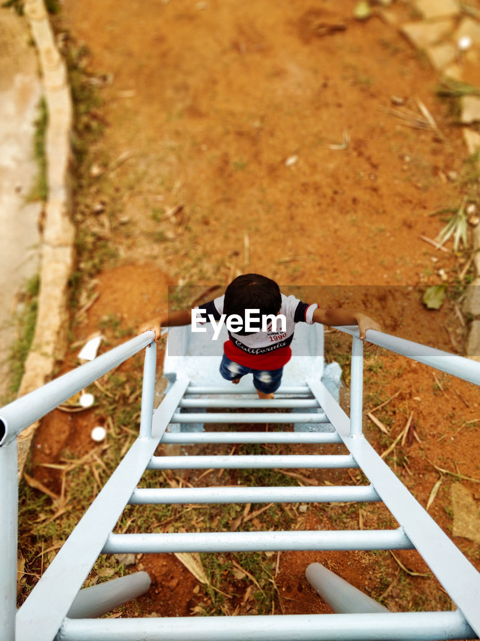 High angle view of boy on ladder