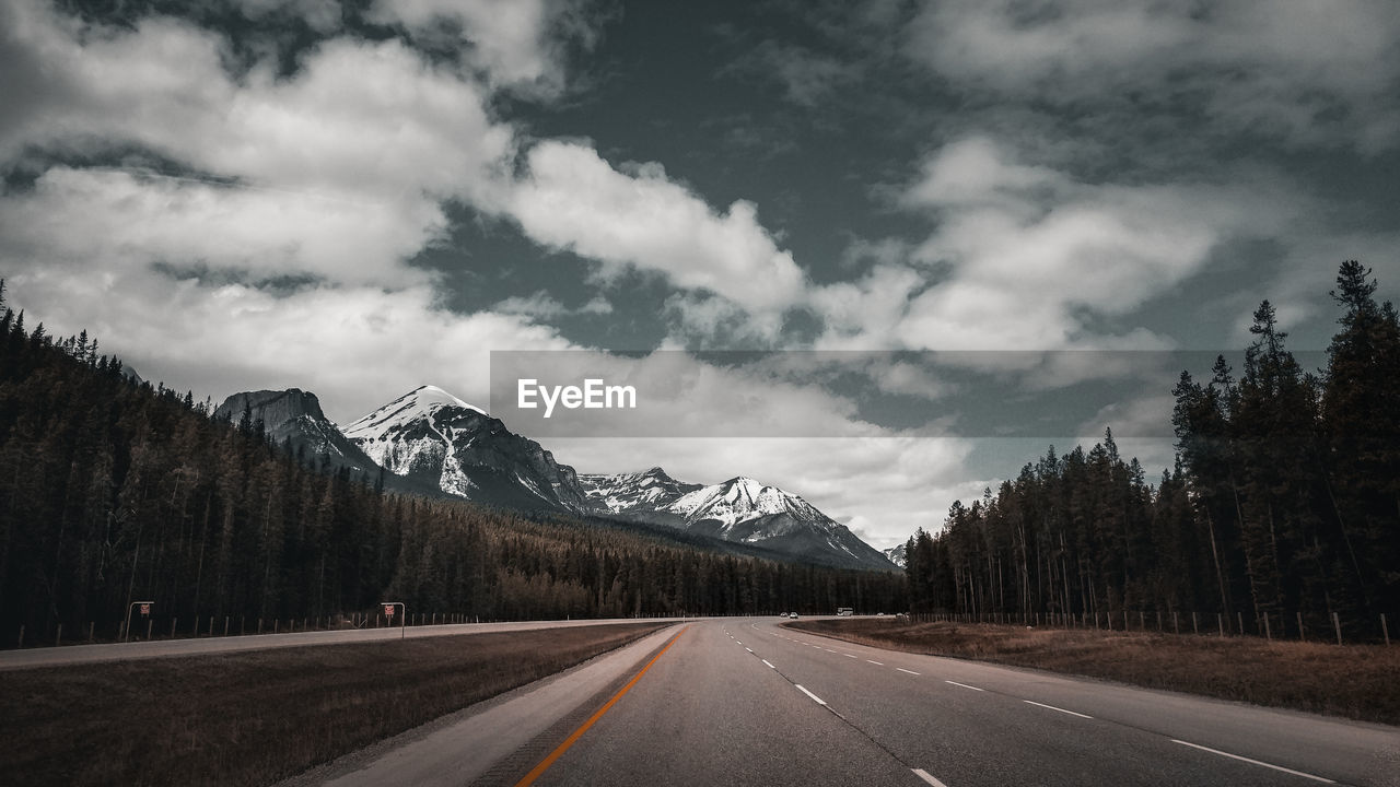 Road by trees against sky during winter