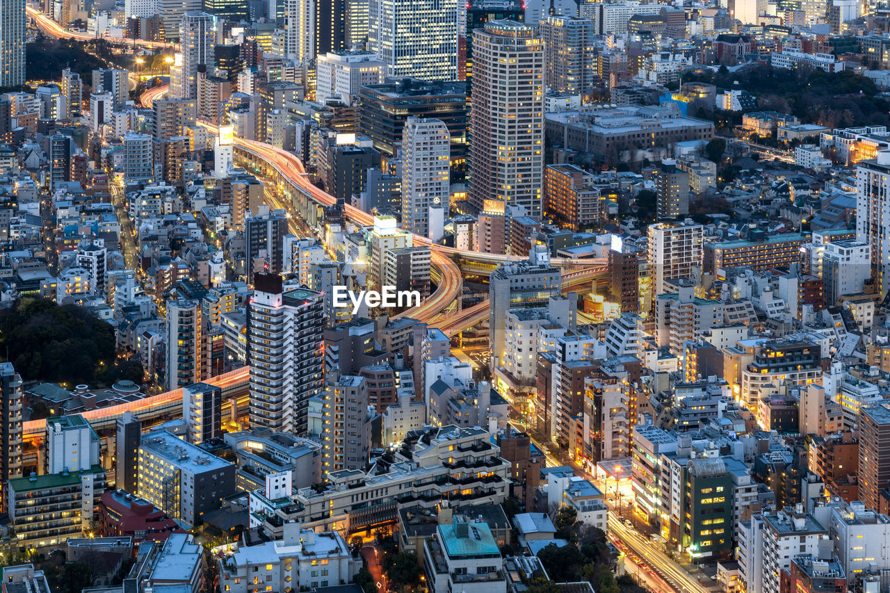 High angle view of city buildings