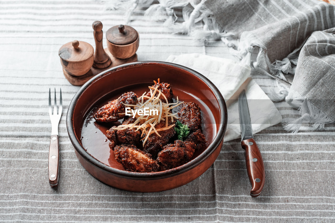 high angle view of food in container on table