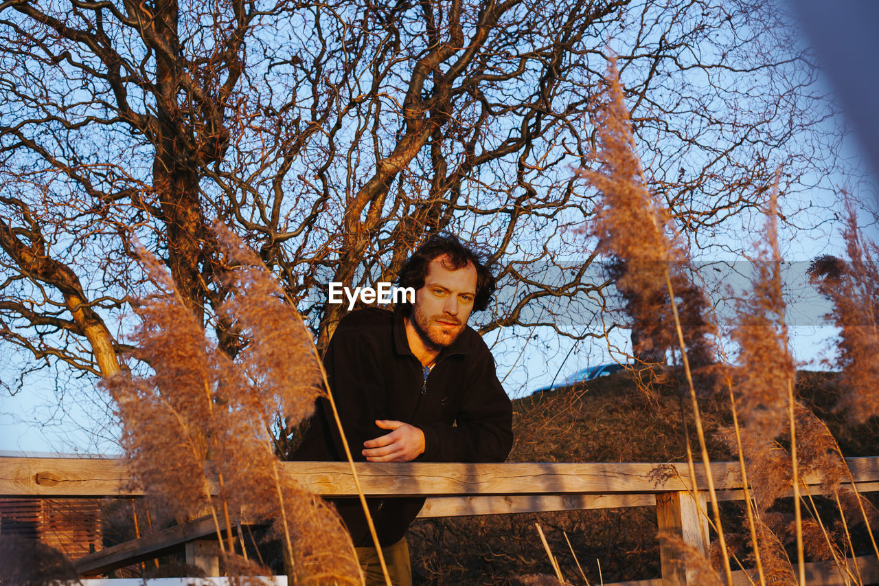 Low angle portrait of man leaning on railing against bare tree
