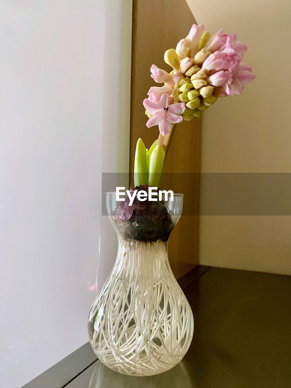 flower, flowering plant, vase, plant, indoors, freshness, nature, no people, yellow, floristry, pink, home interior, table, still life, flower arrangement, art, beauty in nature, centrepiece, lighting, decoration, arrangement, domestic room, bouquet, fragility, flower head, bunch of flowers, glass, floral design, wood, container, wall - building feature, home