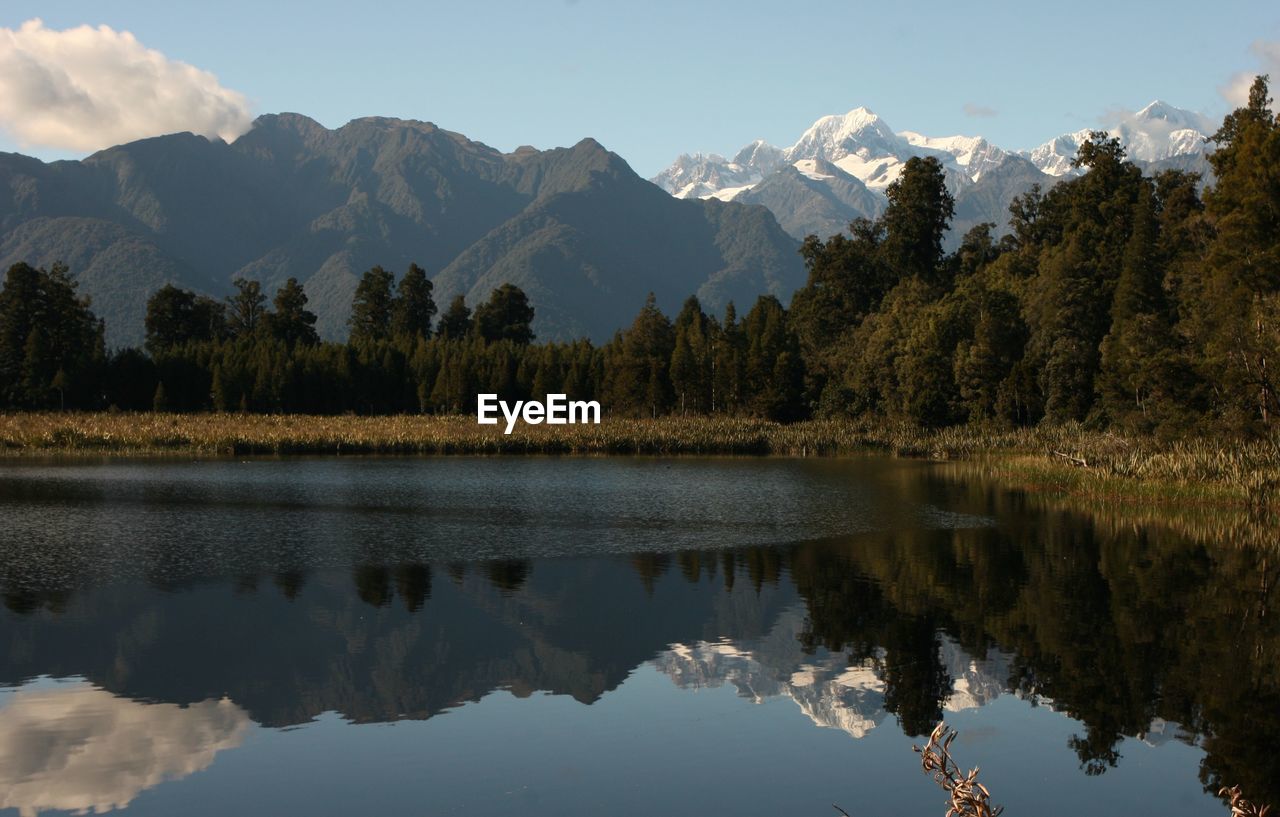 Reflection of trees in lake against sky