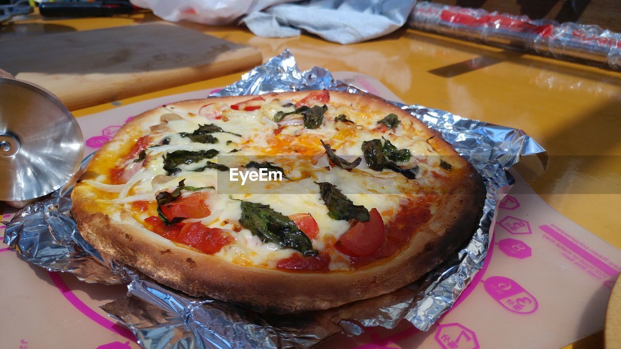 High angle view of pizza on table