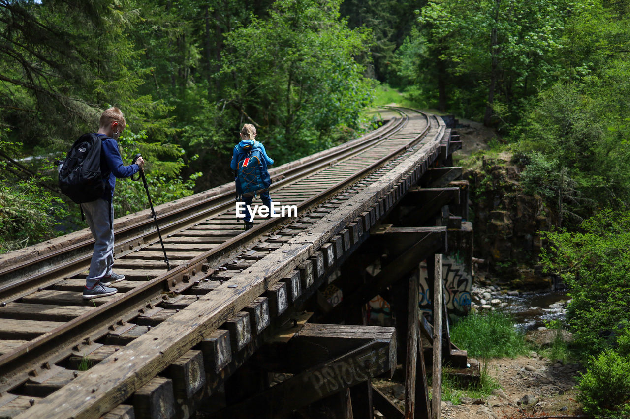 People on railroad tracks amidst trees