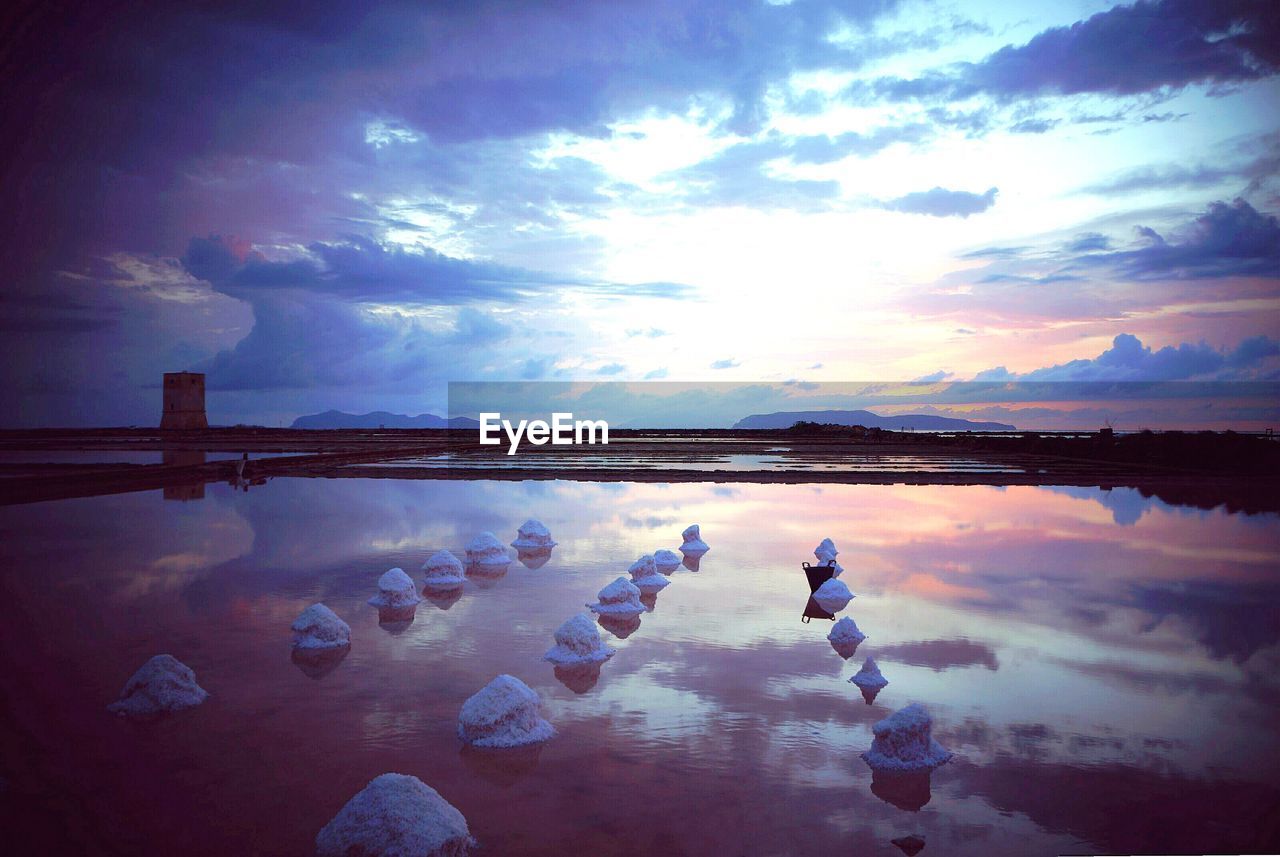 SCENIC VIEW OF SEA AGAINST CLOUDY SKY AT SUNSET