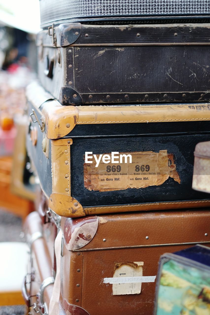 Close-up of suitcase stack