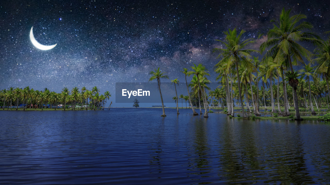 Scenic view of tropical island with coconut trees and beautiful sky