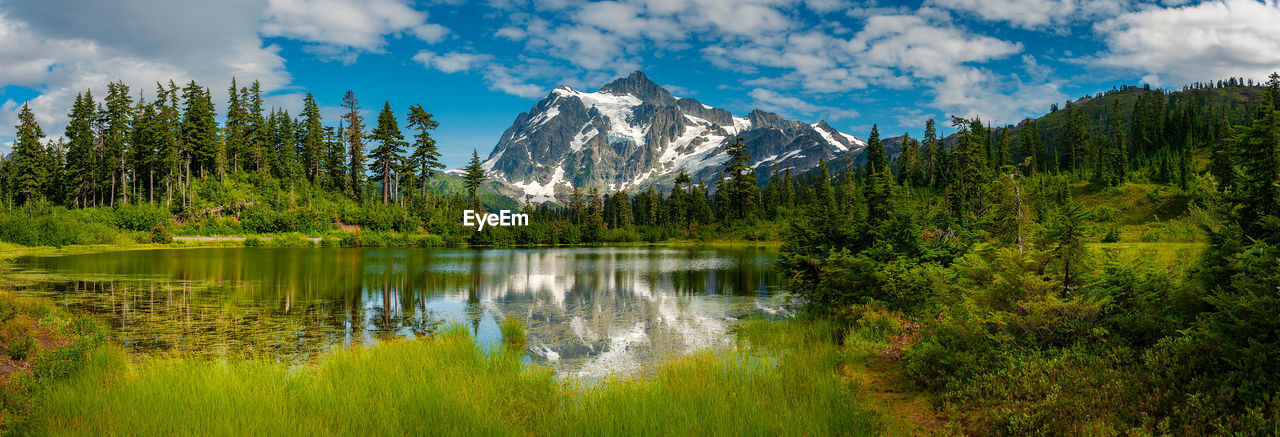 Scenic view of lake by trees against sky