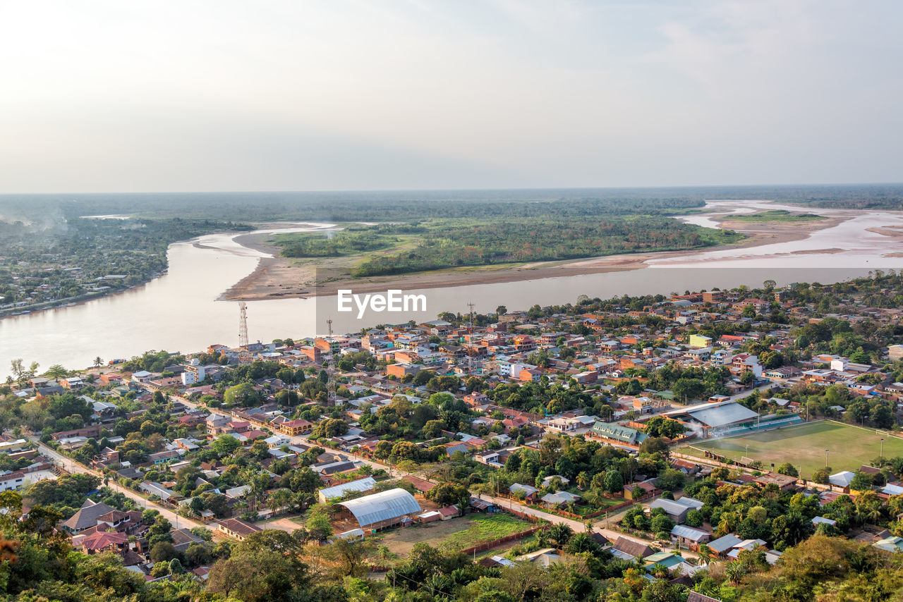 High angle shot of built structures on landscape