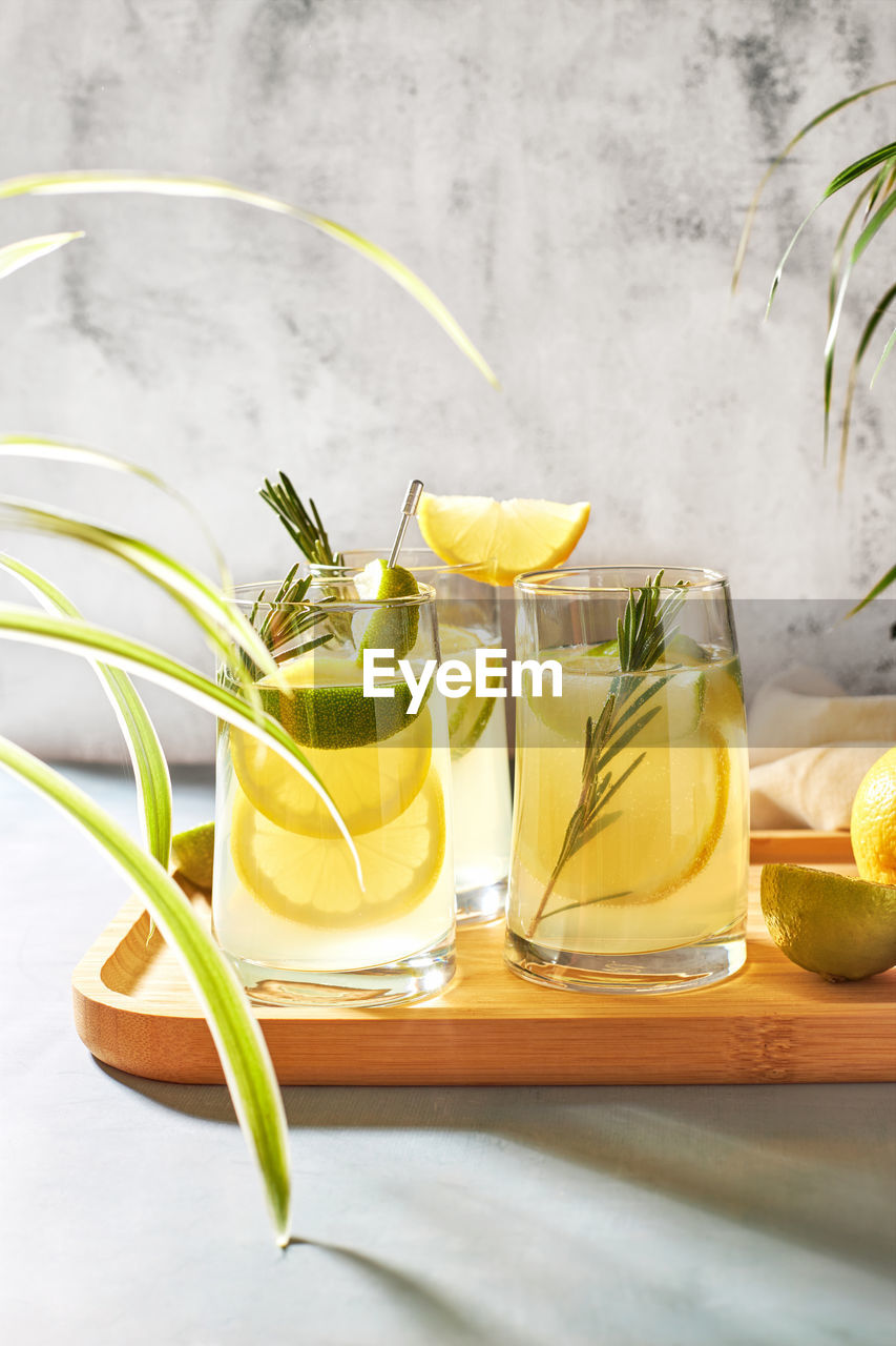 Summer refreshing drinks or cocktails with lemon, lime and rosemary. cool lemon drinks in the heat