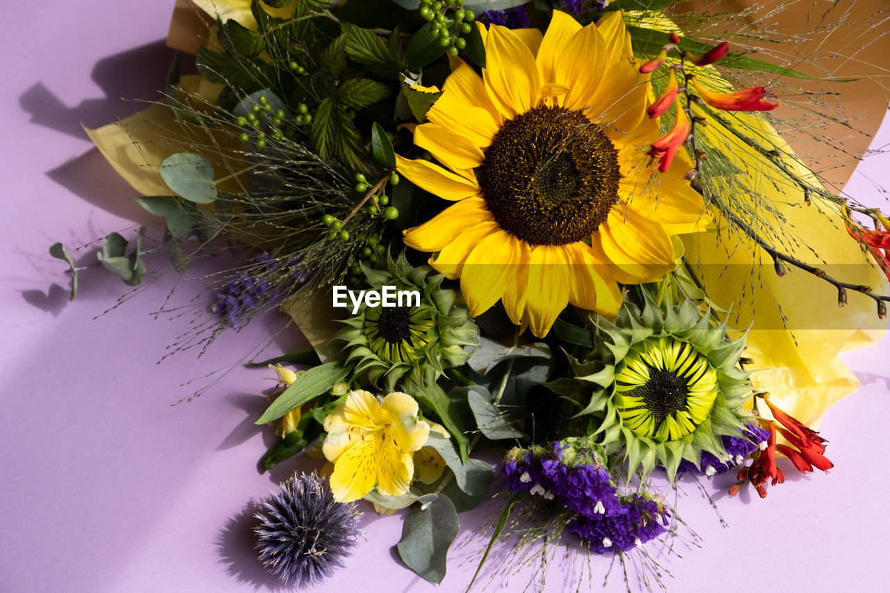 HIGH ANGLE VIEW OF SUNFLOWERS ON TABLE IN POT